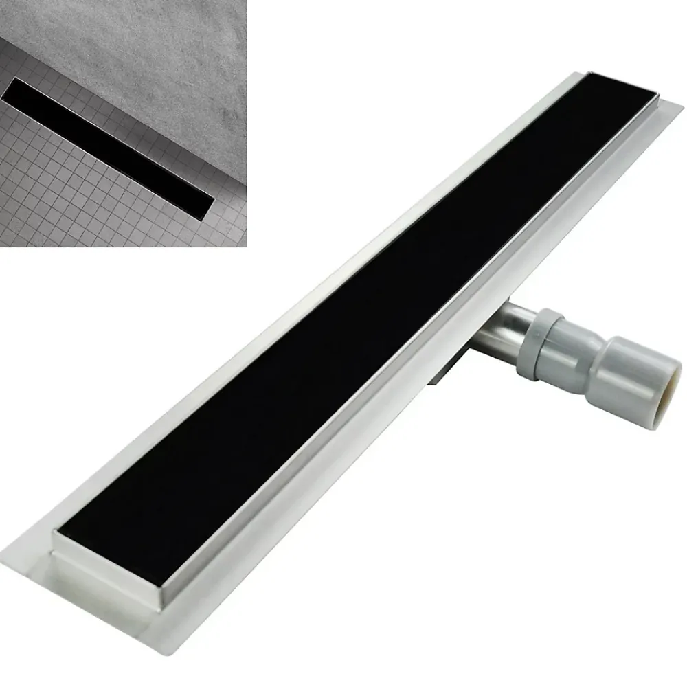 Saniverre Evacuation De Douche-Caniveau de douche KODY L.70 cm verre noir et inox, siphon anti-odeurs, drainage performant -