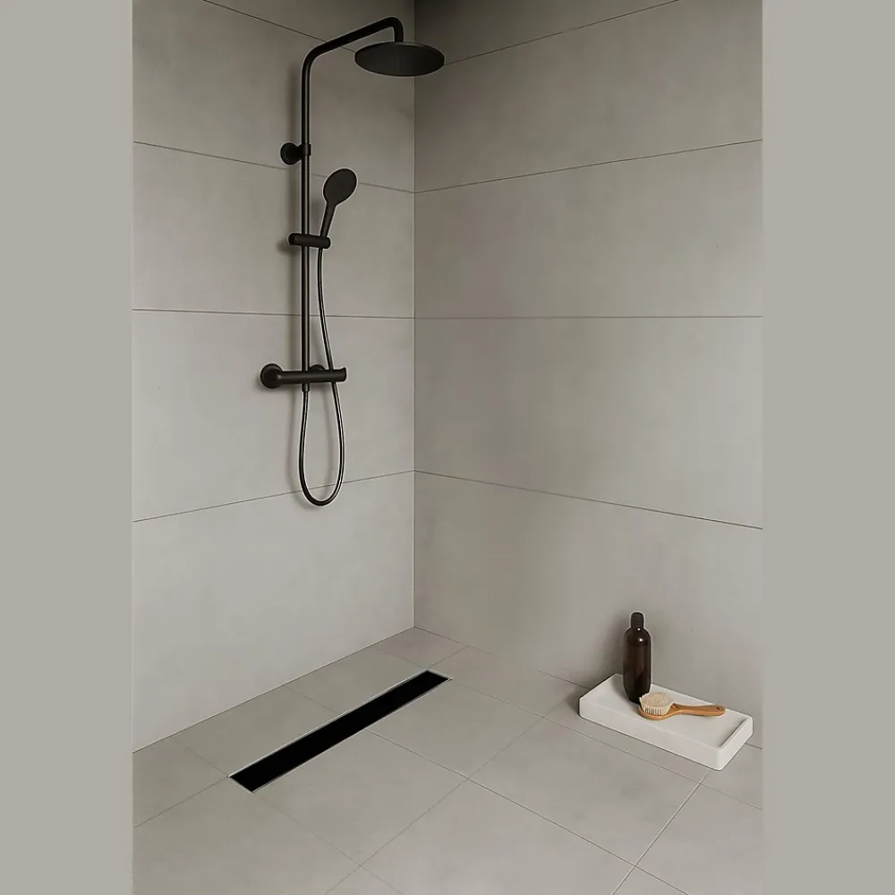 Saniverre Evacuation De Douche-Caniveau de douche KODY L.70 cm verre noir et inox, siphon anti-odeurs, drainage performant -