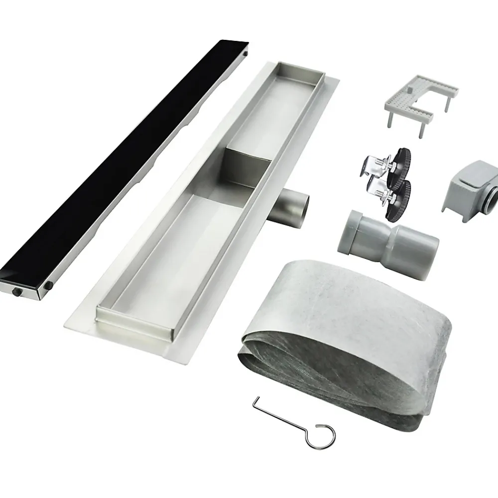 Saniverre Evacuation De Douche-Caniveau de douche KODY L.70 cm verre noir et inox, siphon anti-odeurs, drainage performant -