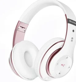 Vendos85 Casque Bluetooth sans Fil 40 Heures avec Microphone HD Intégré rose blanc