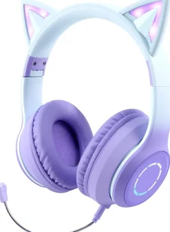 Vendos85 Enceinte, Écouteur Et Casque-Casque Bluetooth sans Fil Pliable d'oreille de Chat avec Micro intégré violet blanc