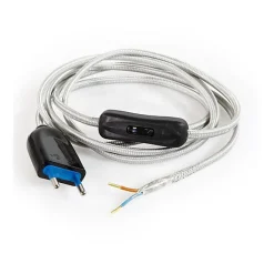 Lnd Câble, Fil Et Cordon D'Alimentation-Câble Électrique Plat ArgentPrémonté avec Fiche et InterrupteurPrêt à Installer