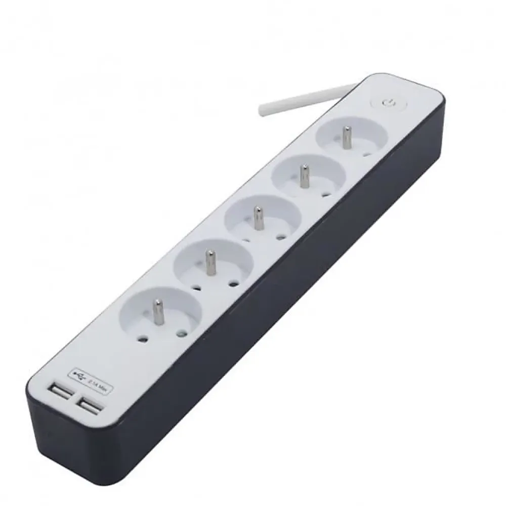 Chacon Bloc multiprise 5 prises 16 A avec 2 ports USB et cable 1,5 m HO5VV-F 3x1,5 mm2 blanc et gris