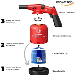 Proweltek Chalumeau gaz 1.7kW Allumage piezo + 8 Cartouches gaz