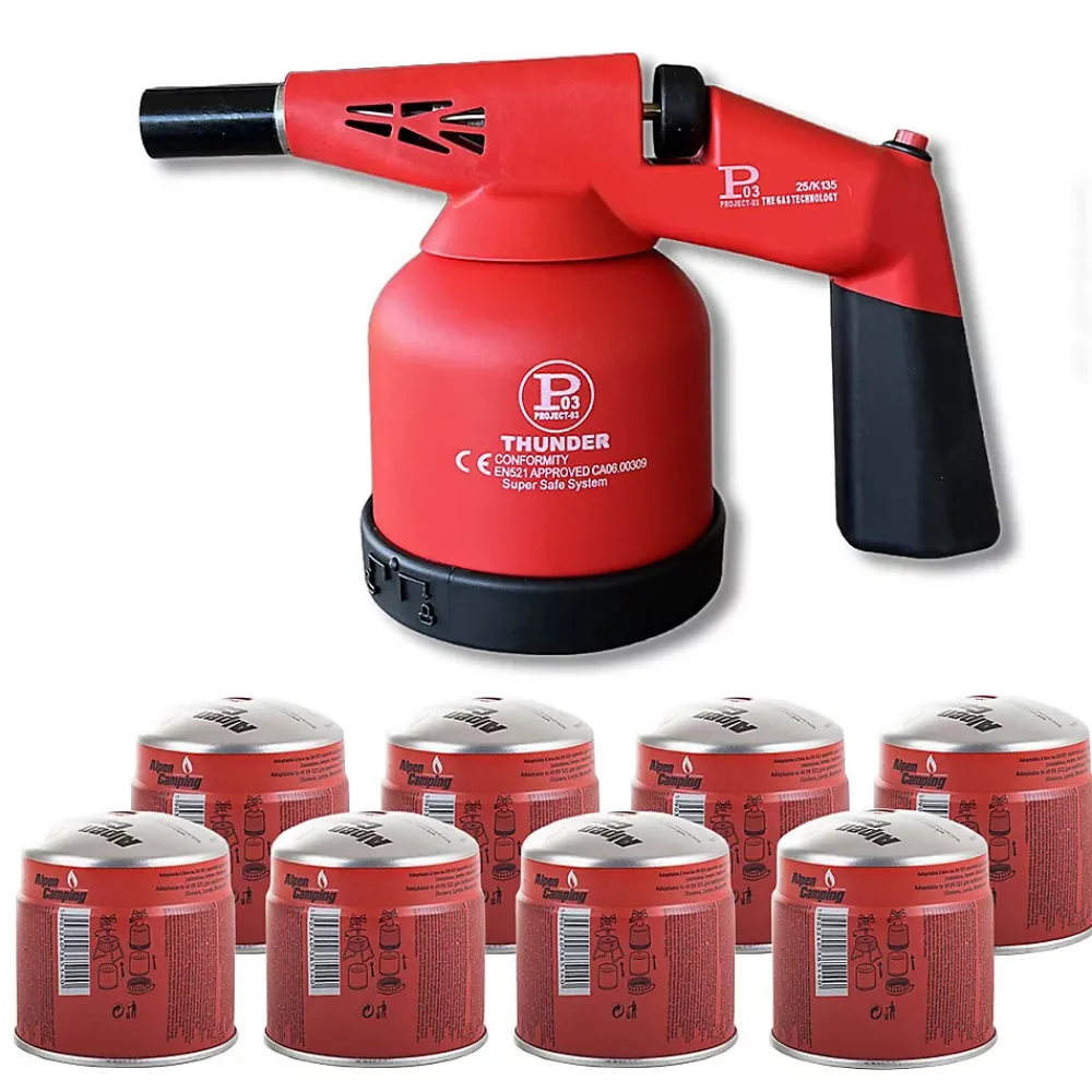 Proweltek Chalumeau gaz 1.7kW Allumage piezo + 8 Cartouches gaz