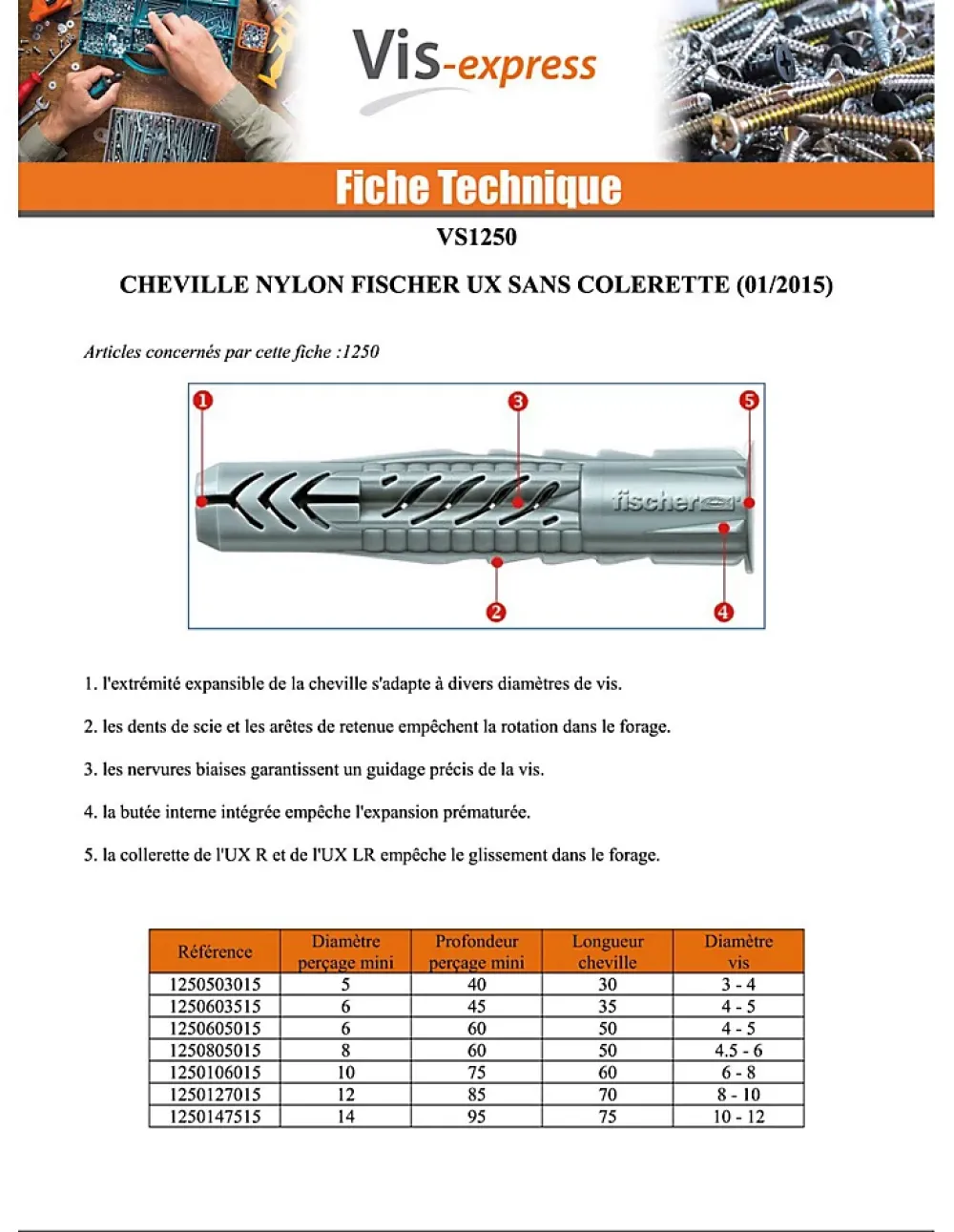 Fischer Cheville Nylon UX Sans Collerette 6X50 - 100 pièces