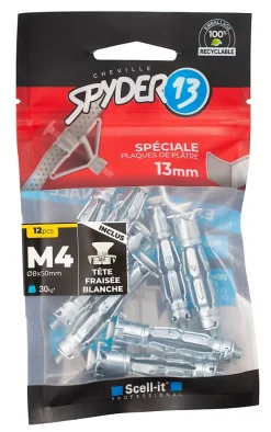 Scell-It 12 chevilles corps creux acier zingué Spyder M4 13mm + vis tête fraisée blanches