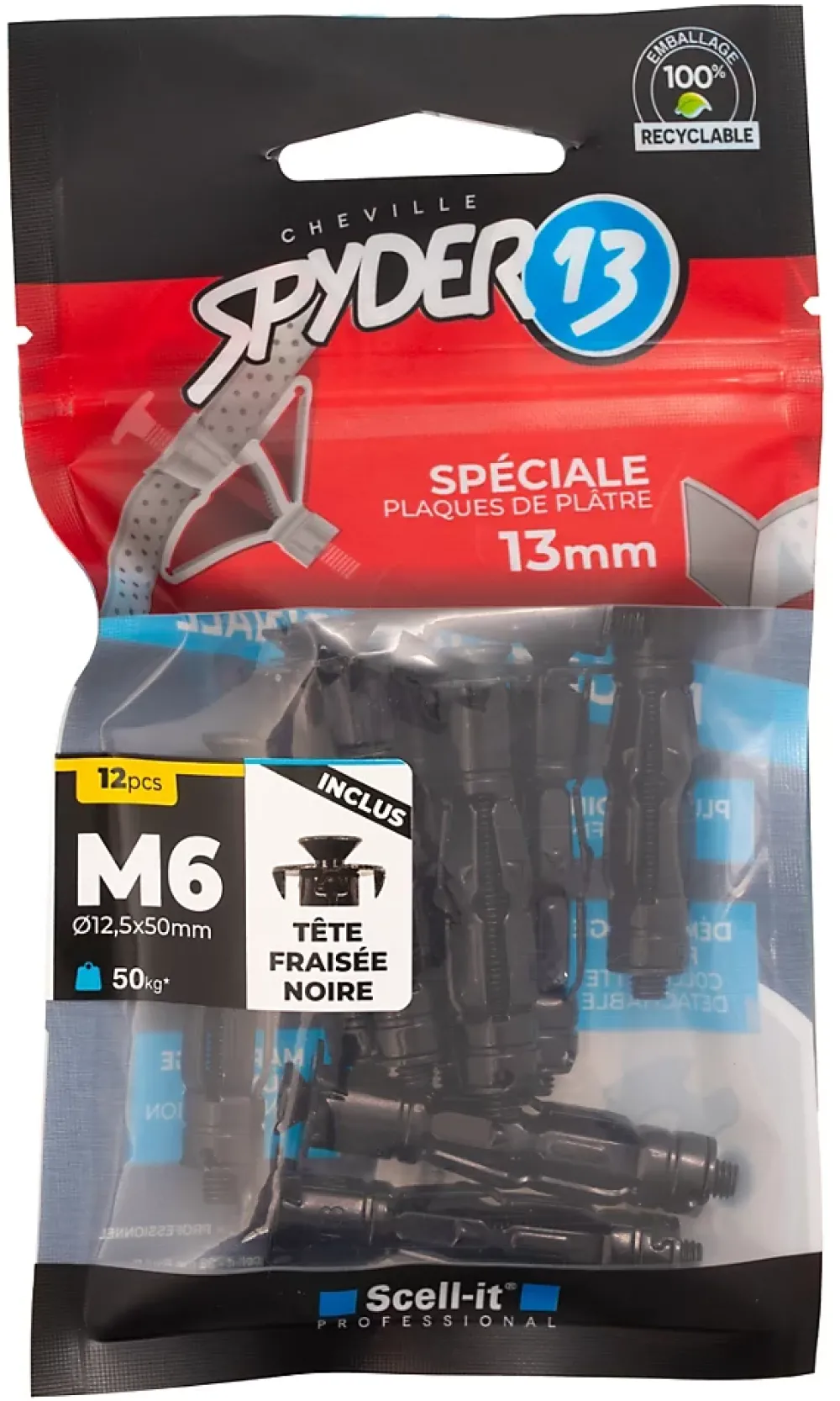 Scell-It Cheville Pour Plaque De Plâtre-12 chevilles corps creux acier zingué Spyder M4 13mm + vis tête fraisée noires