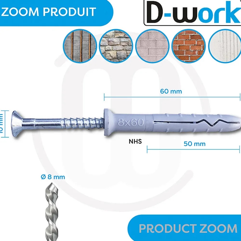 D-Work 200 Chevilles à Frapper NHS D. 8 x Lt. 60 mm avec Vis Tête Fraisée (en seau) -