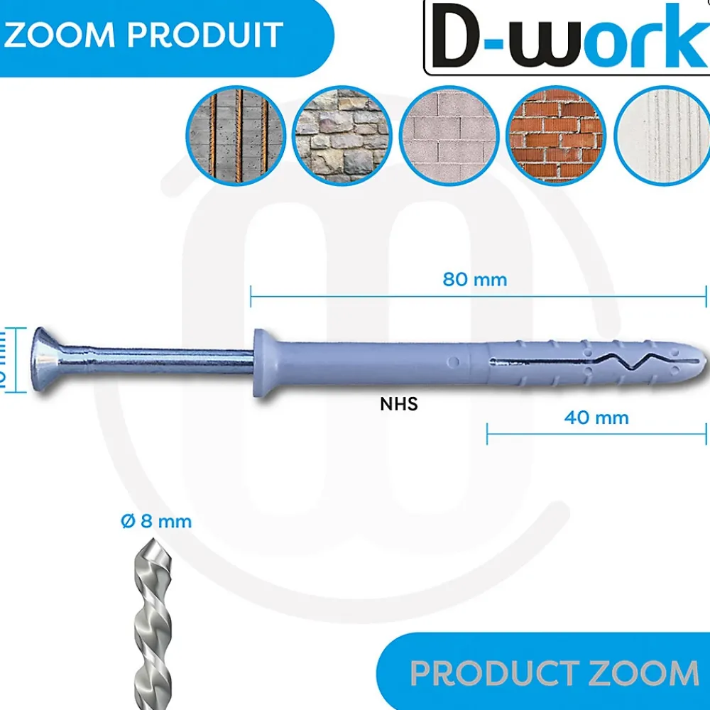 D-Work 200 Chevilles à Frapper NHS D. 8 x Lt. 80 mm avec Vis Tête Fraisée (en seau) -
