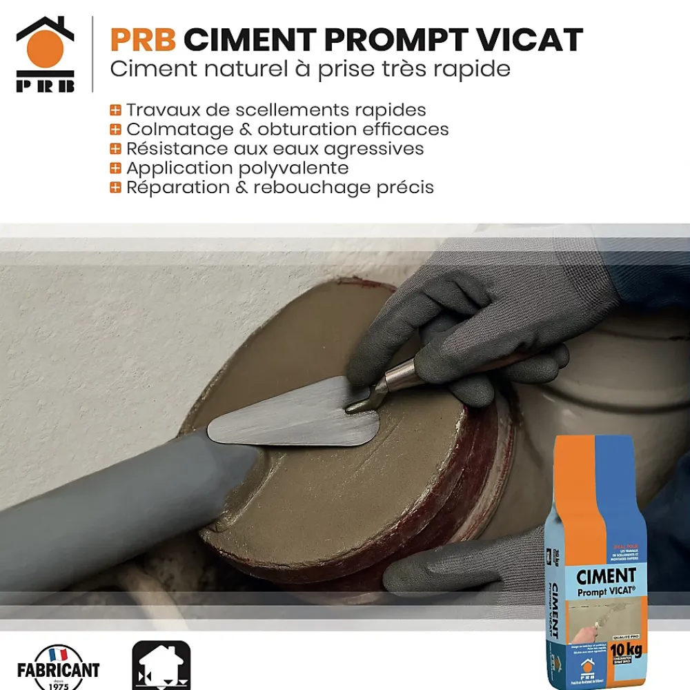 Prb Ciment Prompt Naturel Vicat 10kg - Prise Ultra-Rapide, Haute Résistance Initiale - Idéal pour Réparations Express, Maçonnerie,