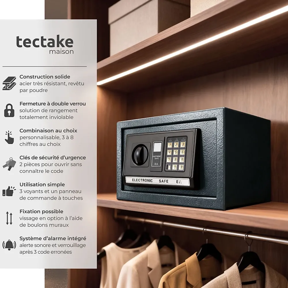 Tectake Coffre-Fort-Coffre-fort électronique en fer 20 x 31 x 22 cm noir
