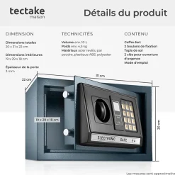 Tectake Coffre-Fort-Coffre-fort électronique en fer 20 x 31 x 22 cm noir
