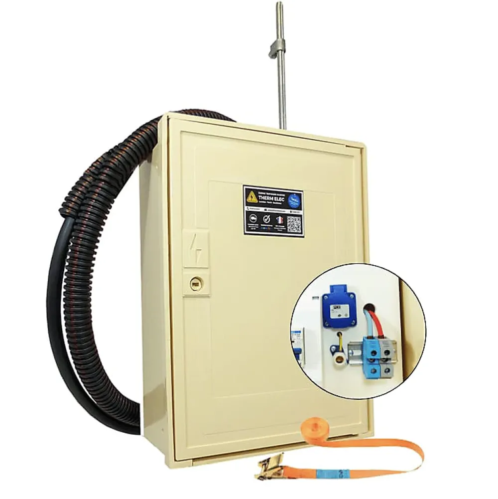 Tecko Coffret de chantier monophasé 3/6/9 kW - pack complet raccordement aérien 15m conforme ENEDIS avec 1 prise et bornier IP2X