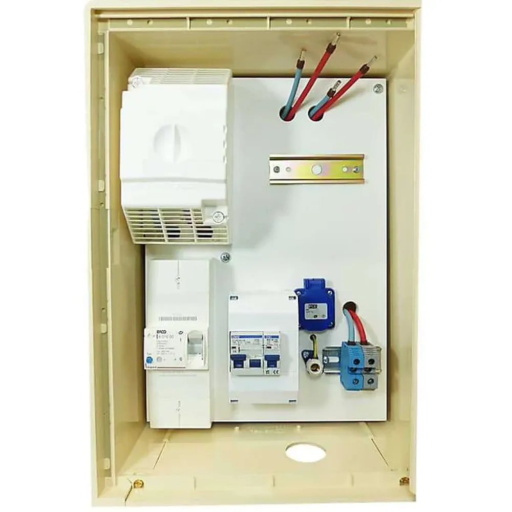 Tecko Coffret de chantier monophasé 3/6/9 kW - pack complet raccordement aérien 15m conforme ENEDIS avec 1 prise et bornier IP2X