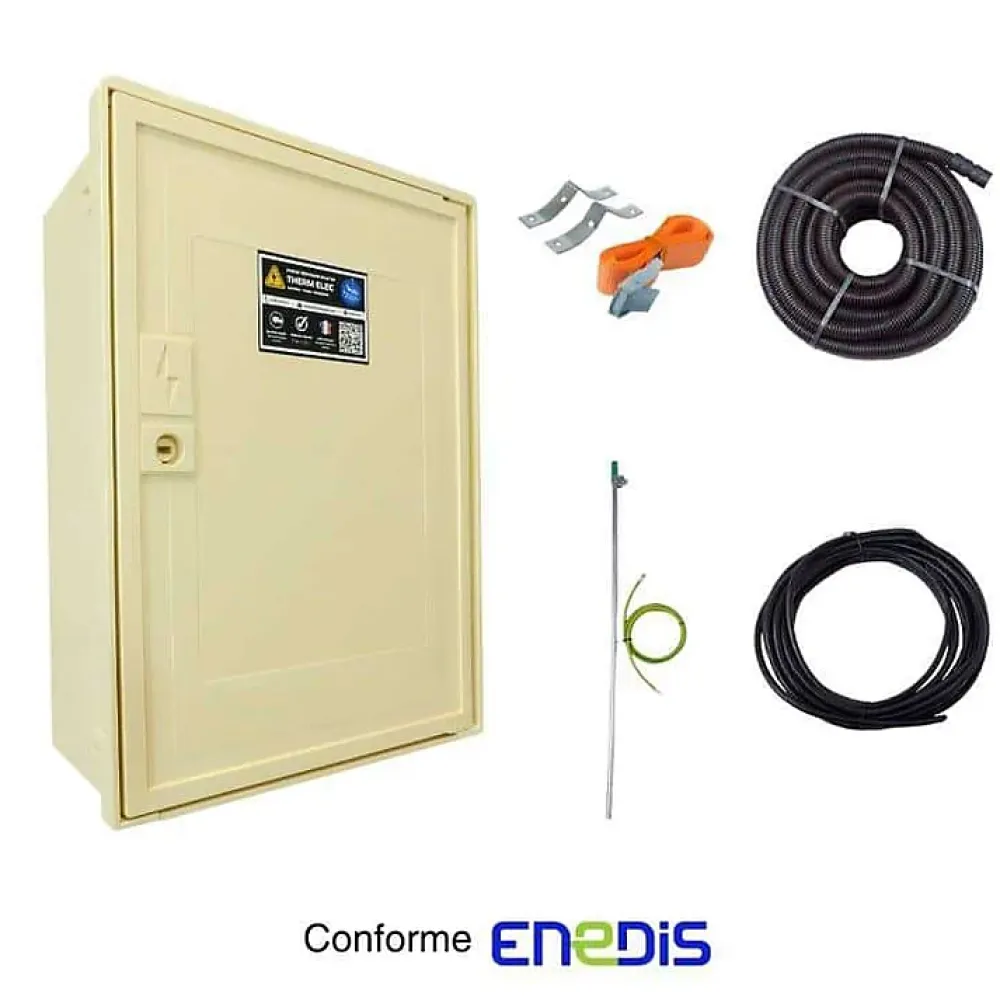 Tecko Coffret de chantier monophasé 3/6/9 kW - pack complet raccordement aérien 15m conforme ENEDIS avec 1 prise et bornier IP2X