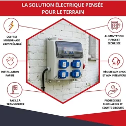 Atole Tableau Électrique Pré-Équipé-Coffret de Chantier Monophasé 230V - 4 Prises NF 2P+T - 16A - 9 Modules - Coffret Électrique avec câble
