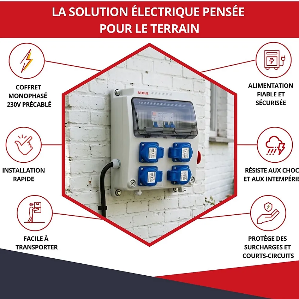 Atole Tableau Électrique Pré-Équipé-Coffret de Chantier Monophasé 230V - 4 Prises NF 2P+T - 16A - 9 Modules - Coffret Électrique avec câble