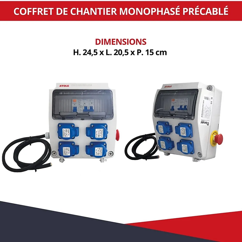 Atole Tableau Électrique Pré-Équipé-Coffret de Chantier Monophasé 230V - 4 Prises NF 2P+T - 16A - 9 Modules - Coffret Électrique avec câble