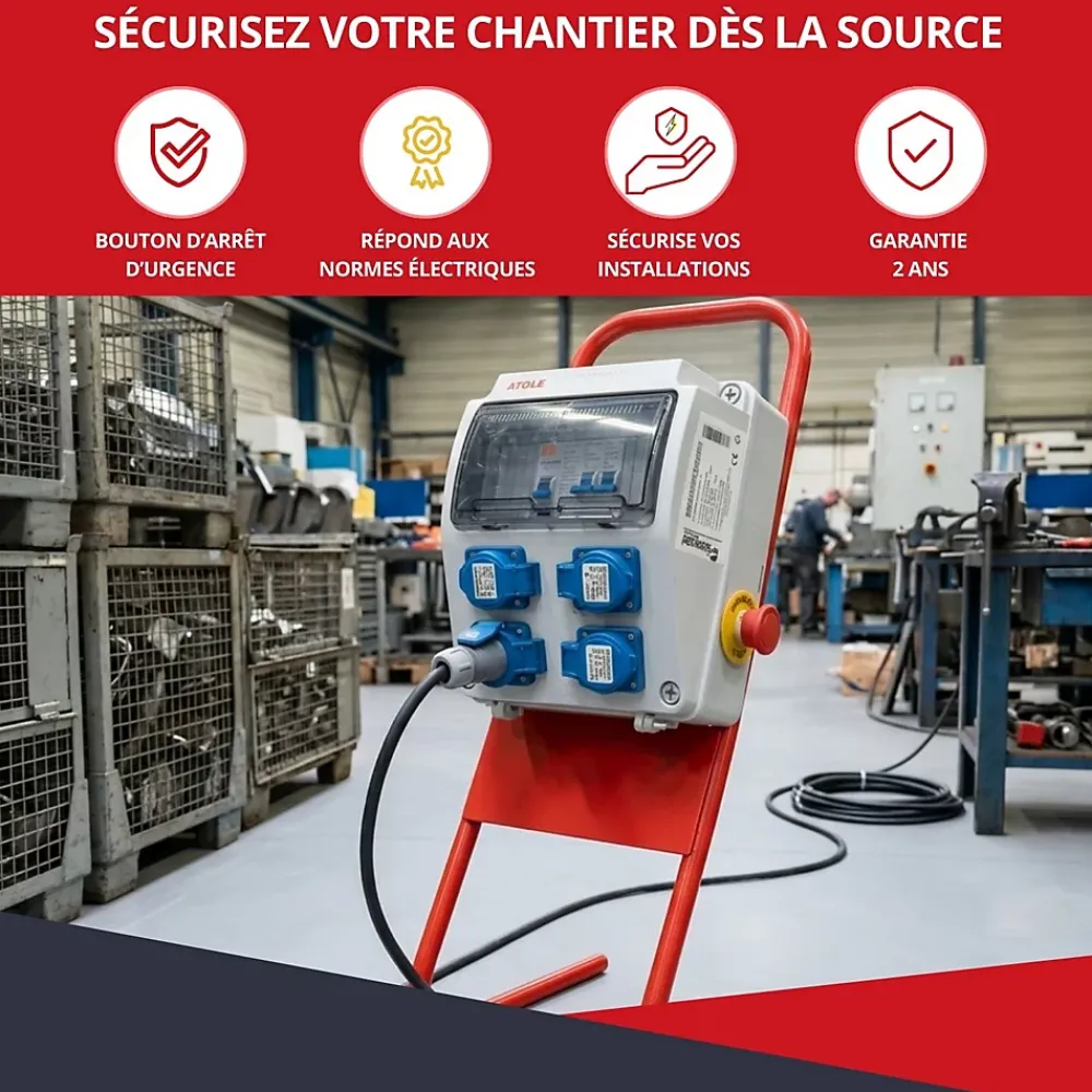 Atole Tableau Électrique Pré-Équipé-Coffret de Chantier Monophasé 230V - 4 Prises NF 2P+T - 16A - 9 Modules - Coffret Électrique avec câble