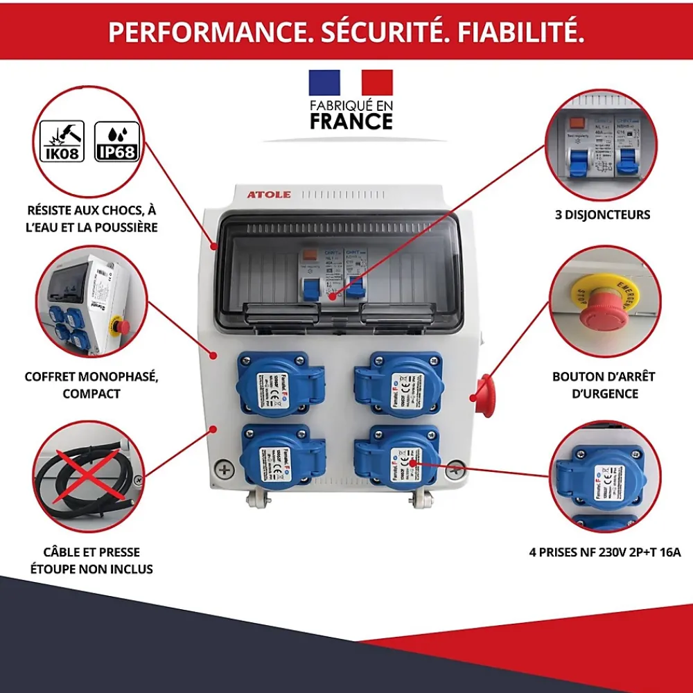 Atole Coffret de Chantier Monophasé 230V - 4 Prises NF 2P+T - 16A - 9 Modules - Coffret Électrique sans câble