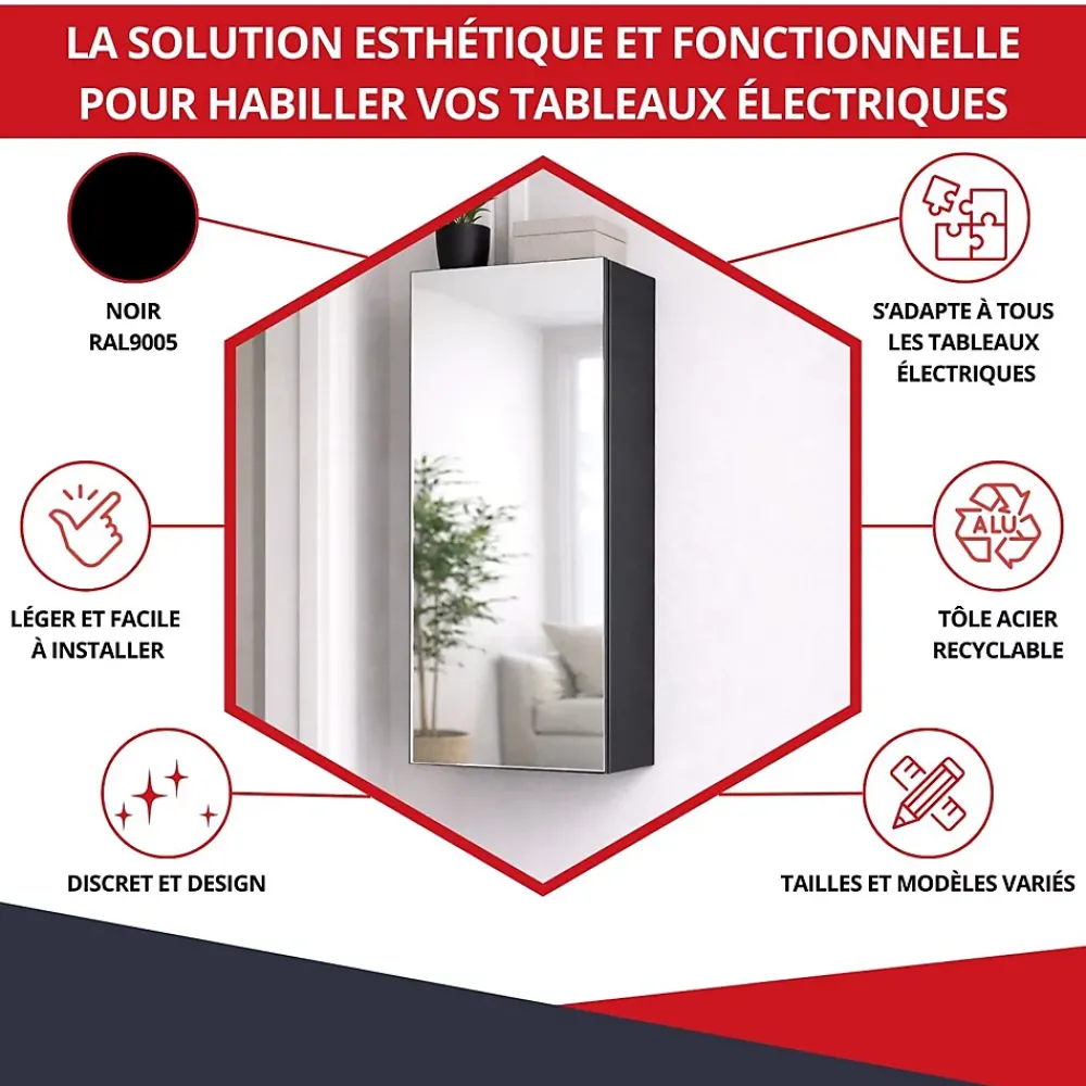 Atole Porte Et Cache Tableau Électrique-Coffret d'habillage 13 modules en acier noir avec porte miroir - H 79 x L 34 x P 14,5 cm - Réf. RCH300MIRNR