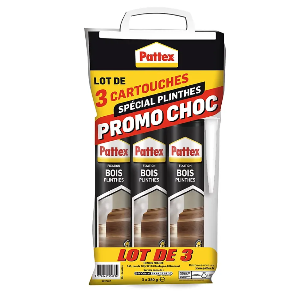Pattex Colle-Colle bois plinthes & menuiserie 380g, lot de 3