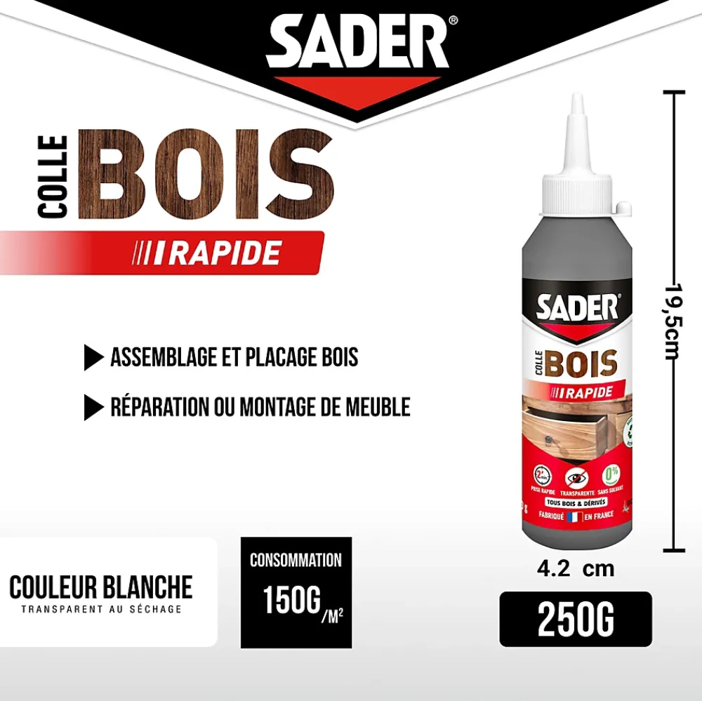 Sader Colle à bois à prise rapide transparente après séchage biberon de 250 g