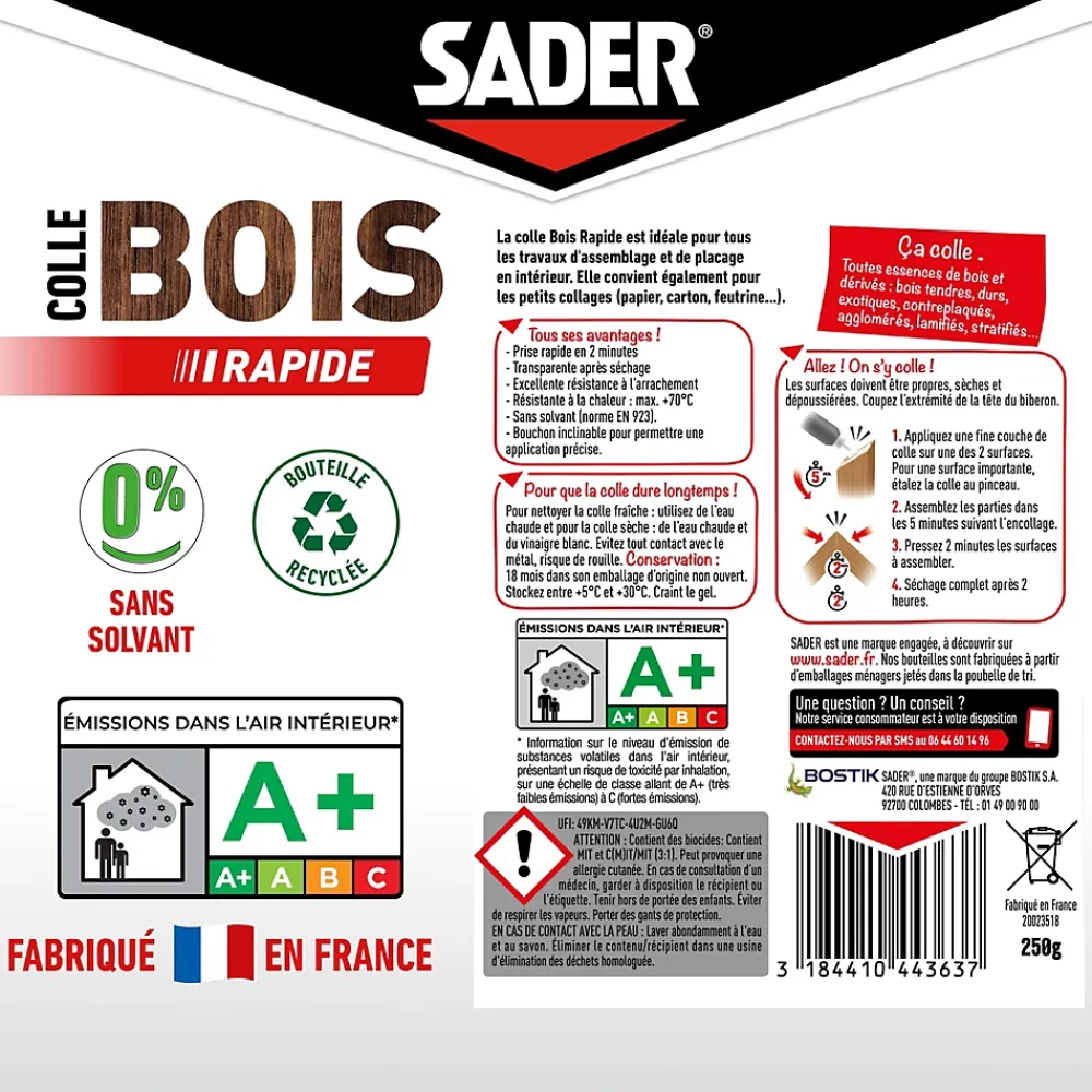 Sader Colle à bois à prise rapide transparente après séchage biberon de 250 g