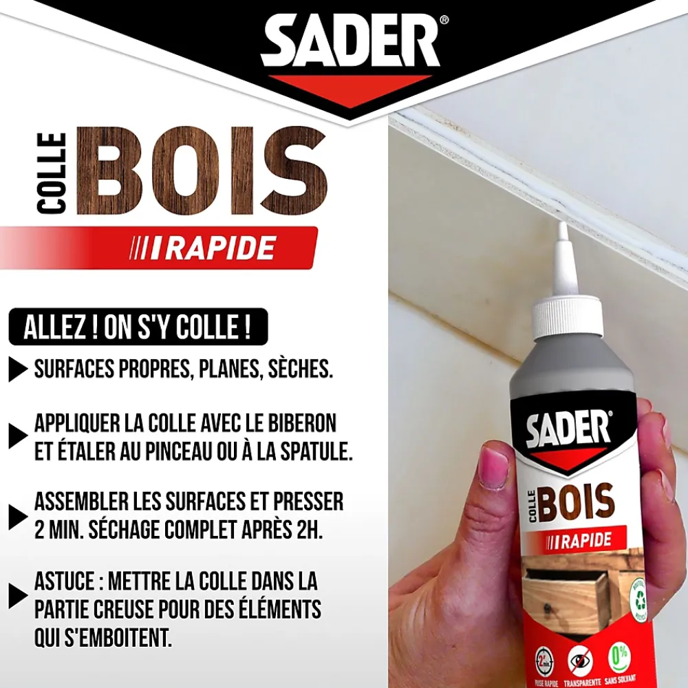 Sader Colle à bois à prise rapide transparente après séchage biberon de 250 g