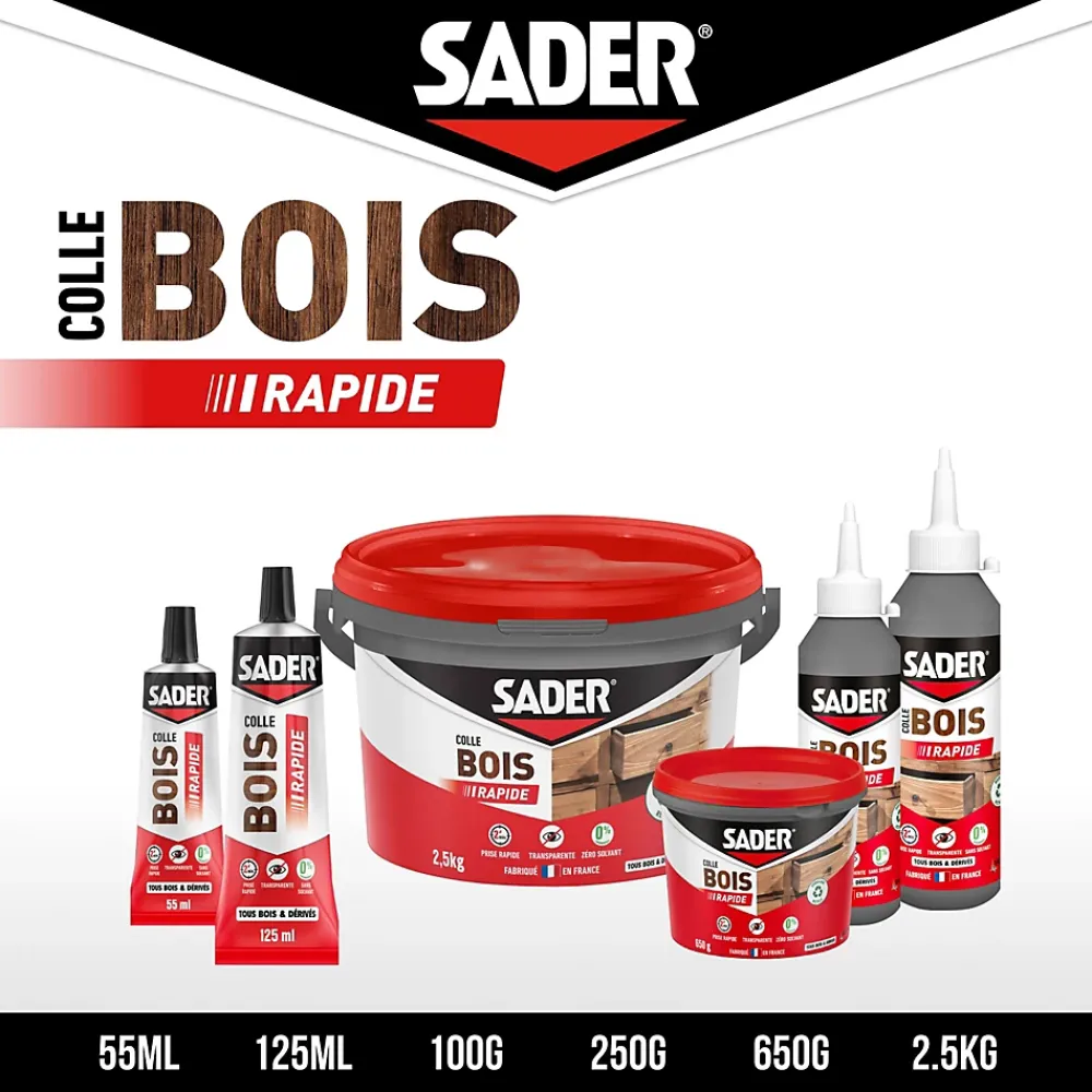 Sader Colle à bois à prise rapide transparente après séchage biberon de 250 g