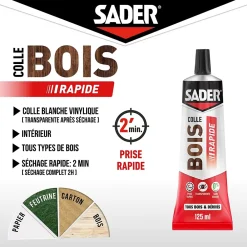 Sader Colle-Colle à bois à prise rapide transparente après séchage tube de 125 ml