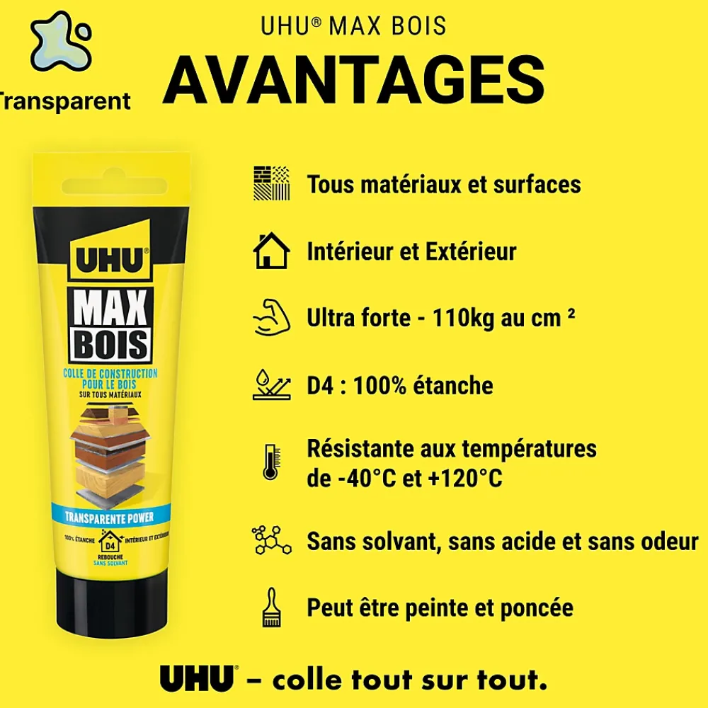 UHU Colle-Colle à bois transparente , tube 85g