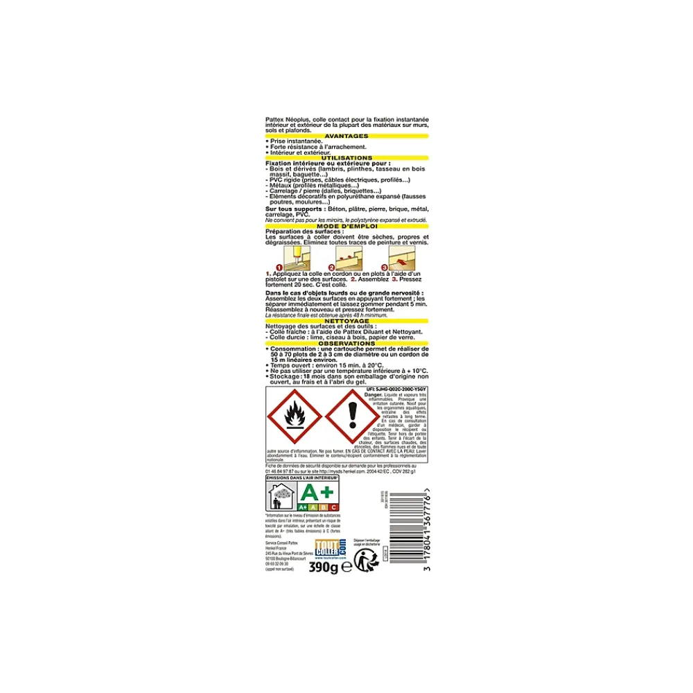 Pattex Colle-Colle de fixation Neoplus multi-matériaux - cartouche 390g