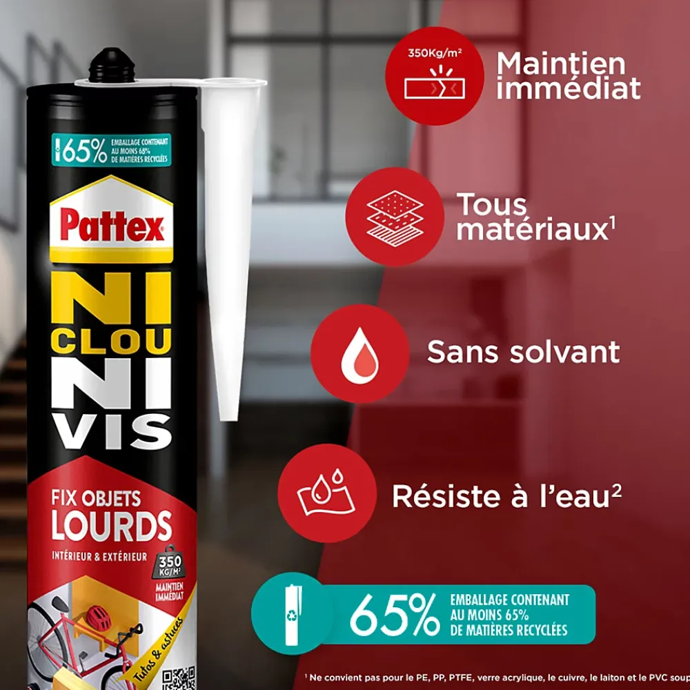 Pattex Colle-Colle de fixation Ni clou ni vis tous matériaux blanc 460g