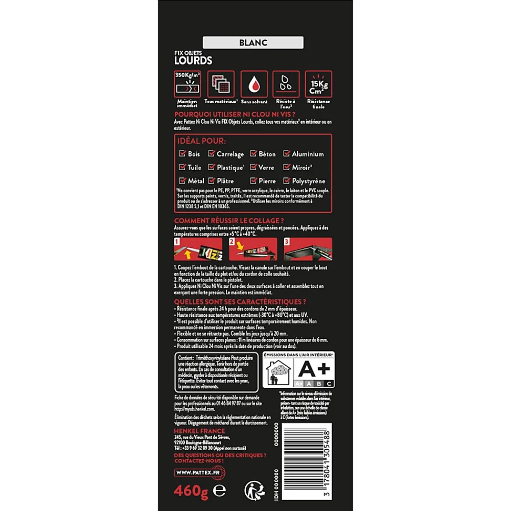 Pattex Colle-Colle de fixation Ni clou ni vis tous matériaux blanc 460g