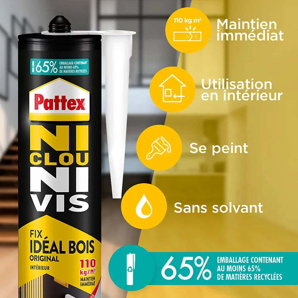 Pattex Colle de fixation vendue par 3 Ni clou Ni vis couleur transparent résistance 100 kg / cm² séchage en 12 h
