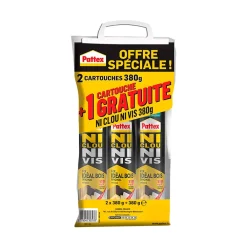 Pattex Colle de fixation vendue par 3 Ni clou Ni vis couleur transparent résistance 100 kg / cm² séchage en 12 h