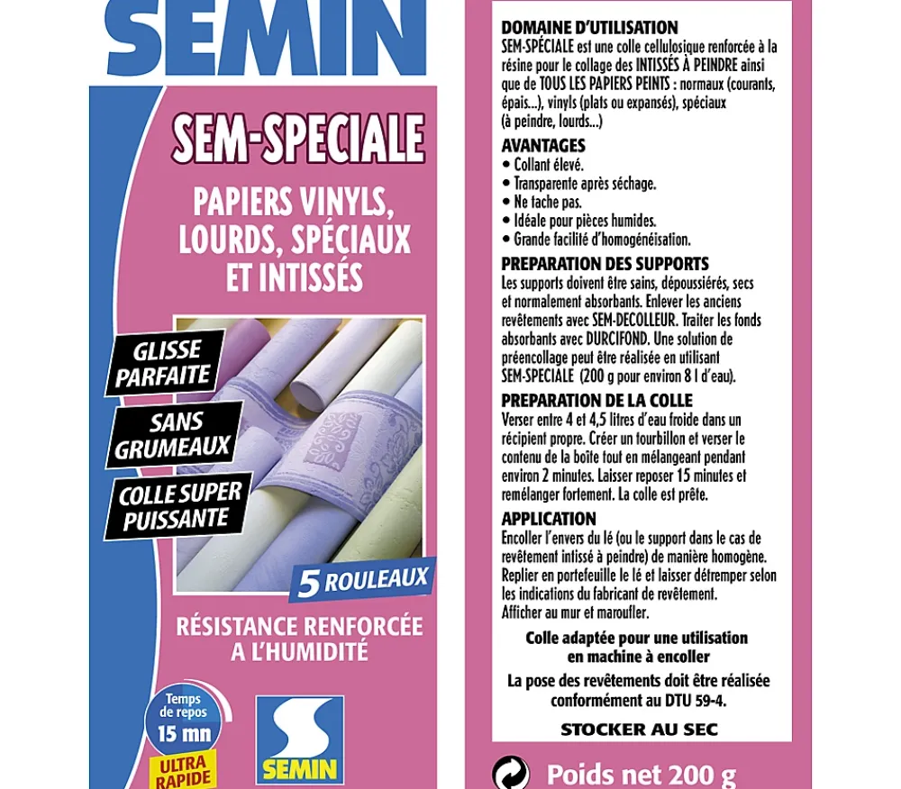 Semin Colle en Poudre pour Papiers Peints Sem-Spéciale , Vinyls, Lourds, Spéciaux et Intissés, Intérieur, Boite 200 g (lot de 5)