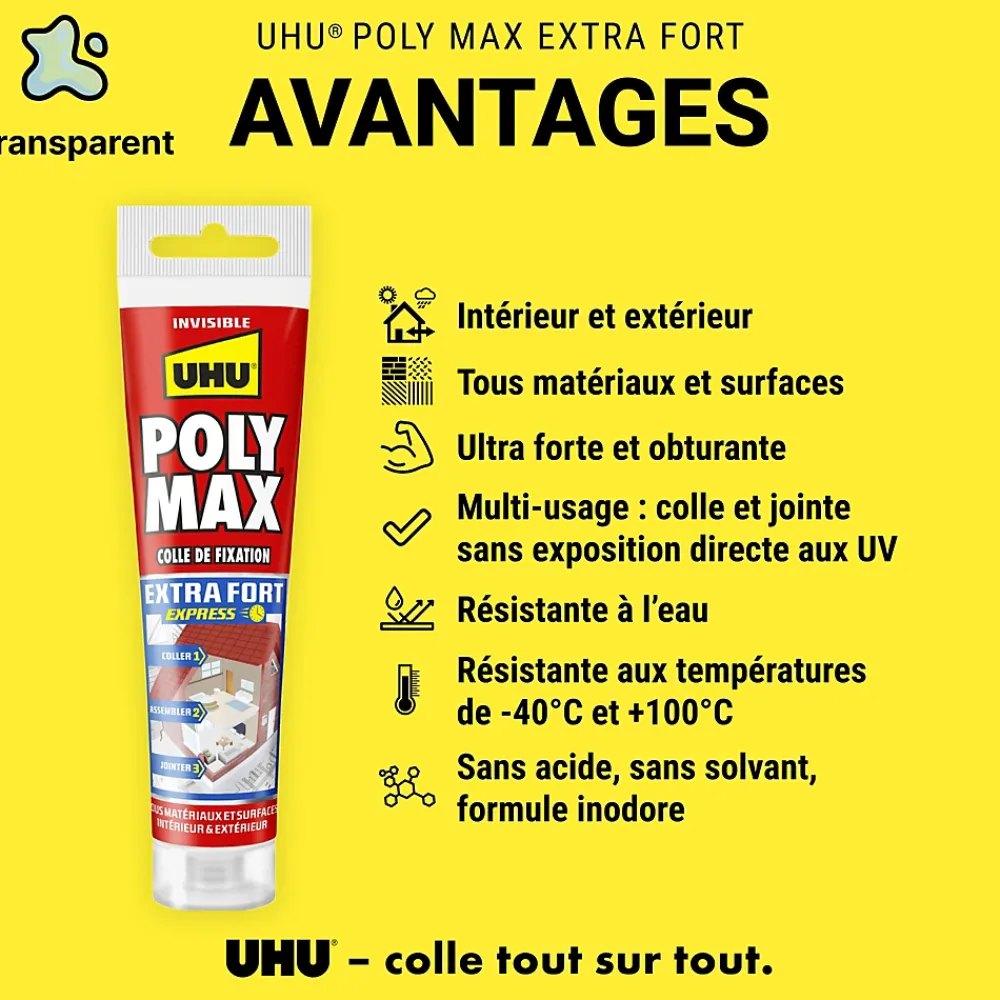 UHU Mastic, Cartouche Joint Et Silicone-Colle mastic extra forte express Poly Max transparente tube 115g