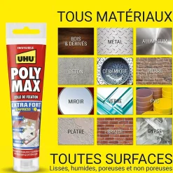 UHU Mastic, Cartouche Joint Et Silicone-Colle mastic extra forte express Poly Max transparente tube 115g