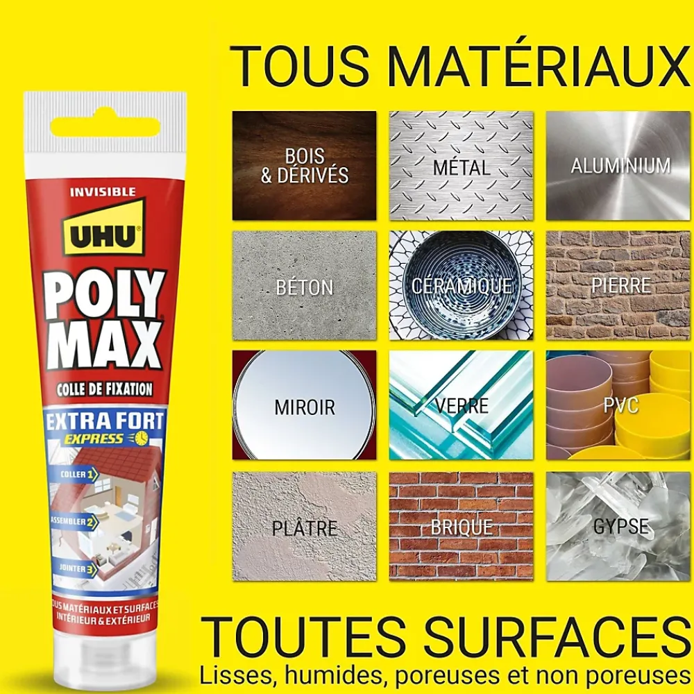 UHU Mastic, Cartouche Joint Et Silicone-Colle mastic extra forte express Poly Max transparente tube 115g