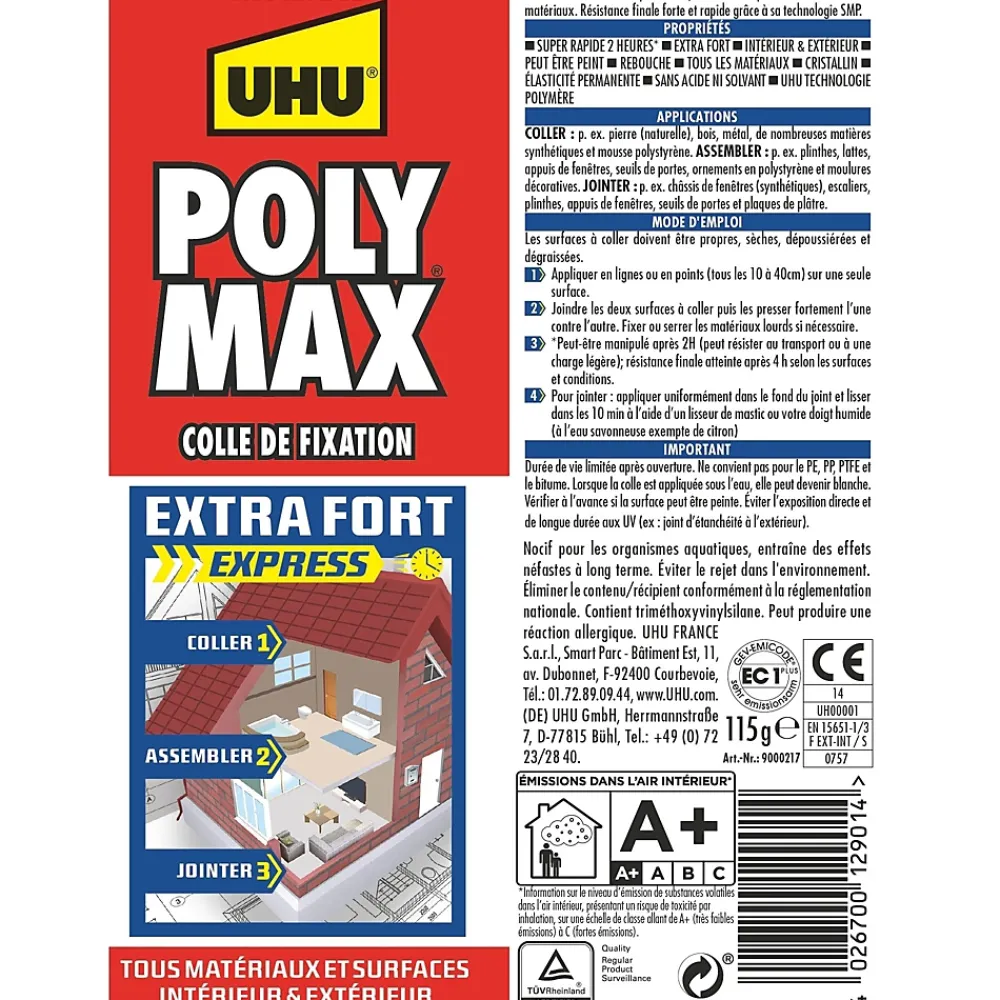 UHU Mastic, Cartouche Joint Et Silicone-Colle mastic extra forte express Poly Max transparente tube 115g