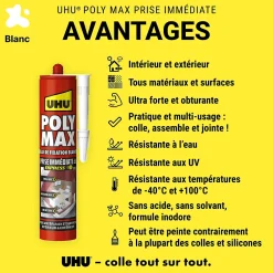 UHU Mastic, Cartouche Joint Et Silicone-Colle mastic prise immédiate express blanc cartouche 425g