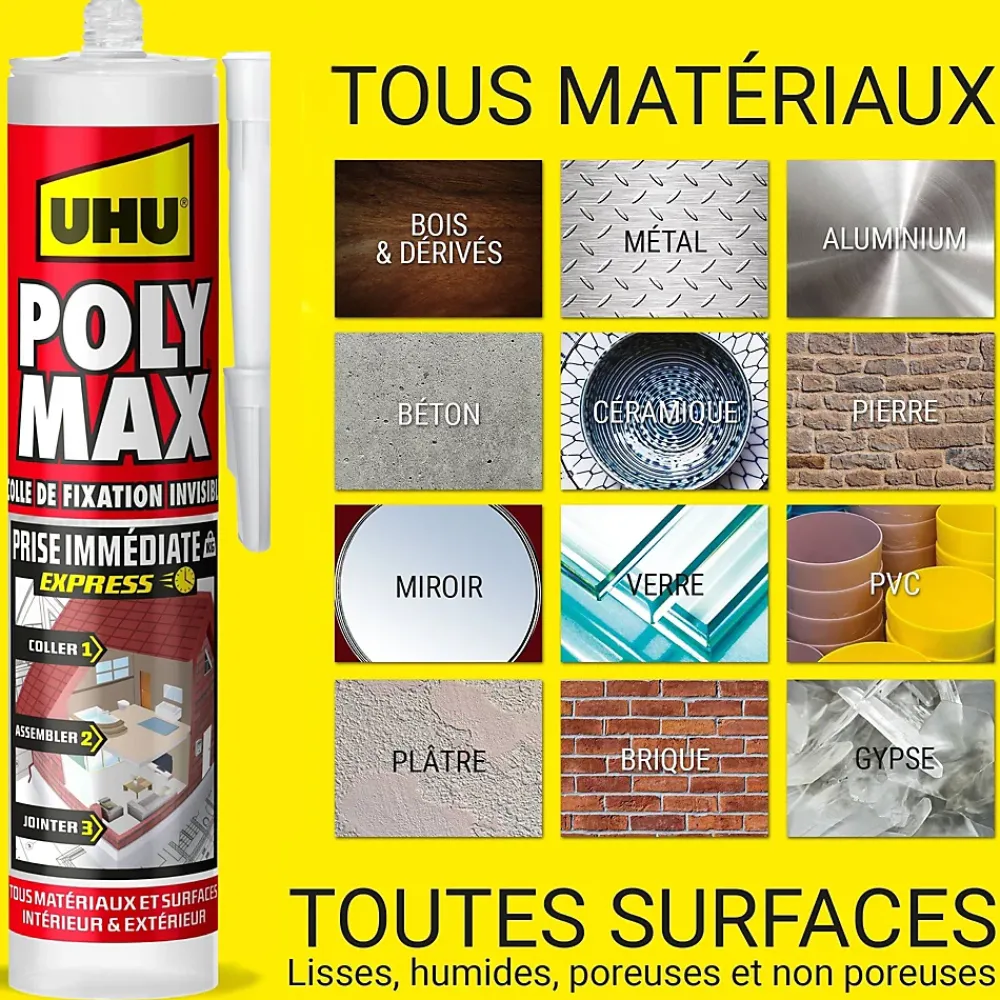 UHU Colle mastic prise immédiate express invisible cartouche 300g