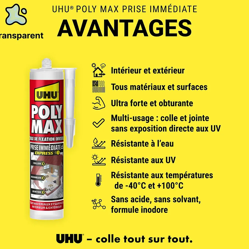 UHU Colle mastic prise immédiate express invisible cartouche 300g