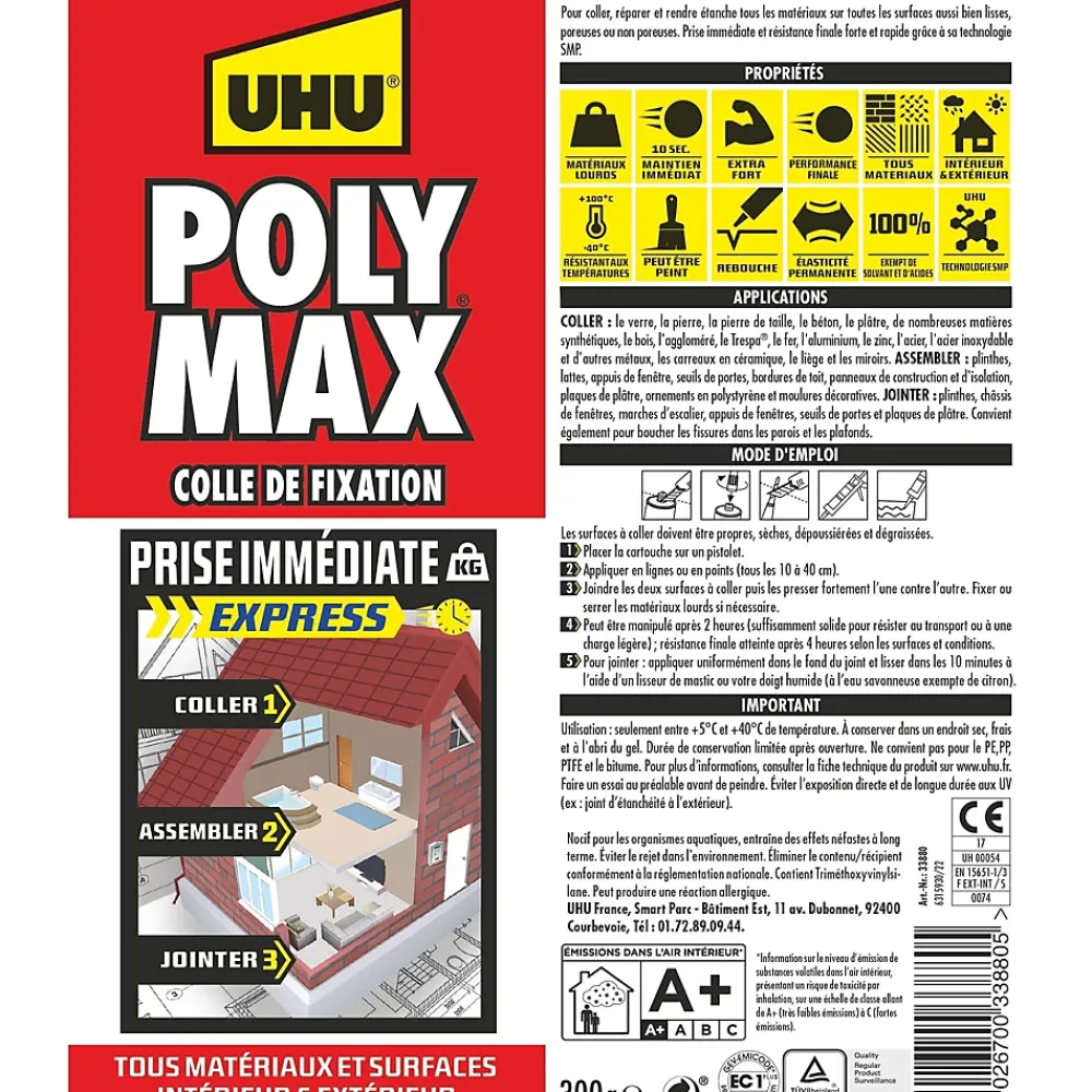 UHU Colle mastic prise immédiate express invisible cartouche 300g