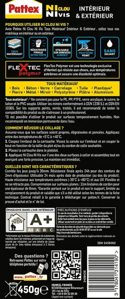 Pattex Colle Ni clou ni vis tous travaux intérieur et extérieur cartouche 450g