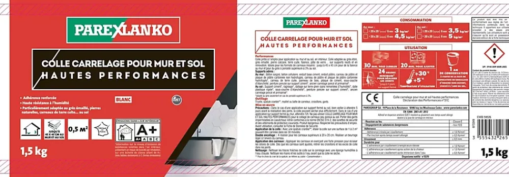 Parexlanko Colle pour carrelage mur et sol intérieur hautes performances blanc 1,5 kg