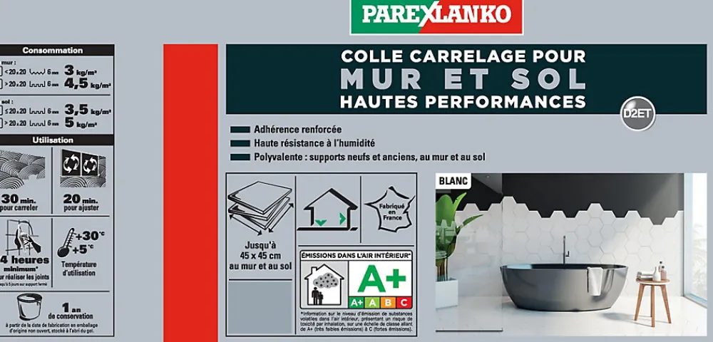 Parexlanko Colle pour carrelage mur et sol intérieur hautes performances blanc 1,5 kg